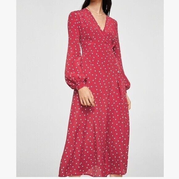 Mango Dotty-A Wrap Dress Size Small S Maroon/White Midi Polka Dot Balloon Sleeve - Picture 1 of 8